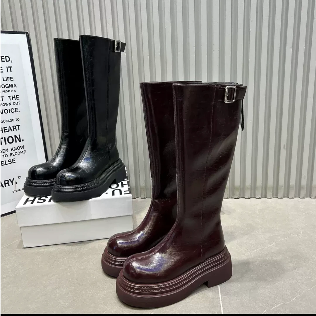 时装靴加绒英伦女靴冬季骑士百搭高筒靴女鞋时尚长筒女士厚底中筒