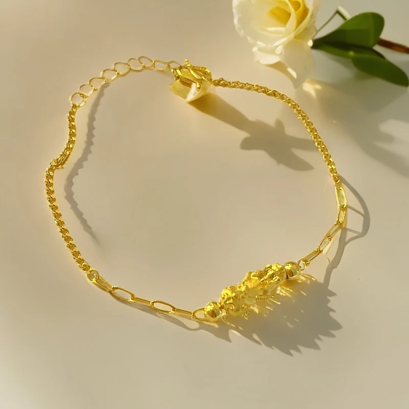 赛菲尔万足®足金设计款貔貅金珠闪亮黄金手链送人礼物