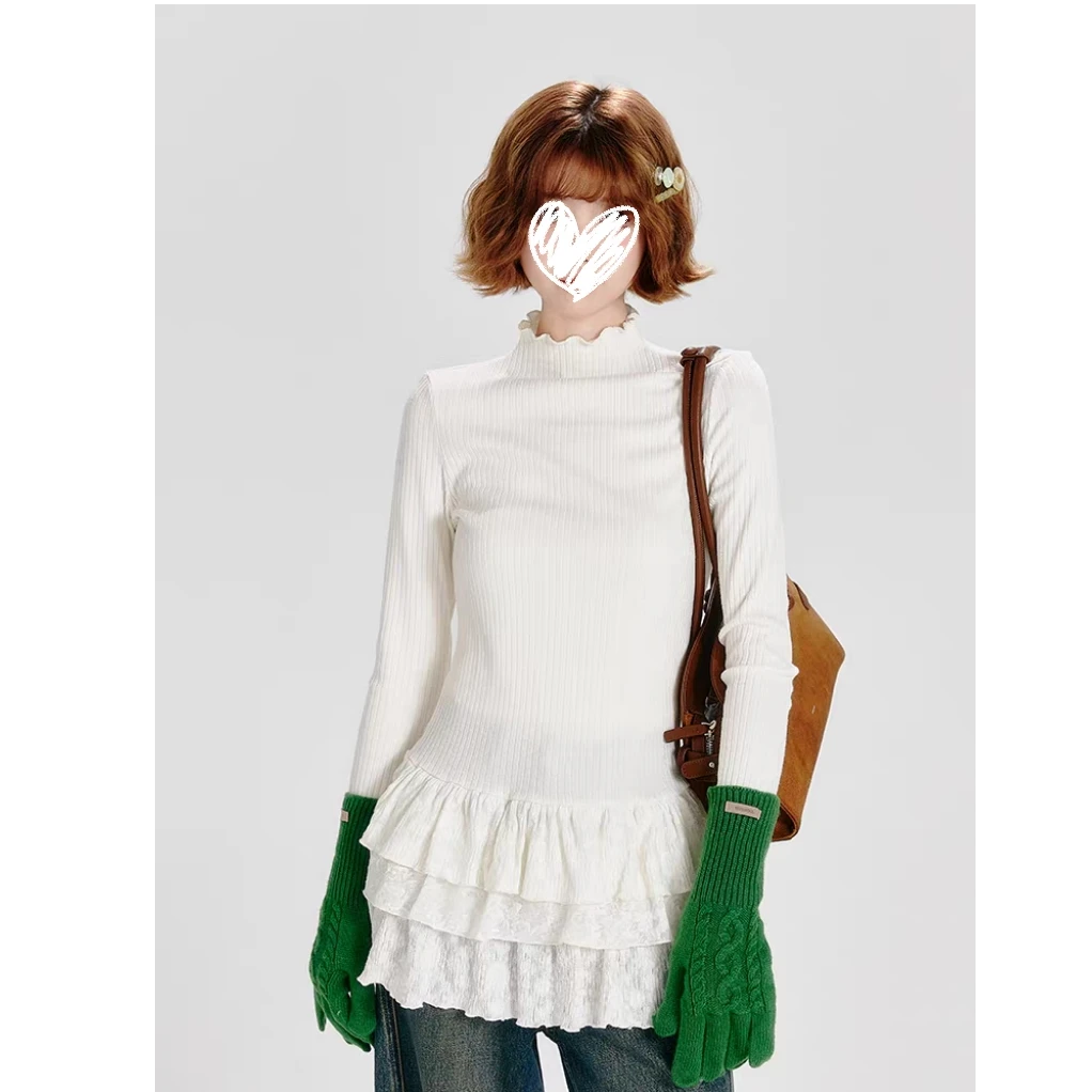 超好看半高领长袖t恤女2025春秋新款多层花边叠穿修身内搭#Y1306