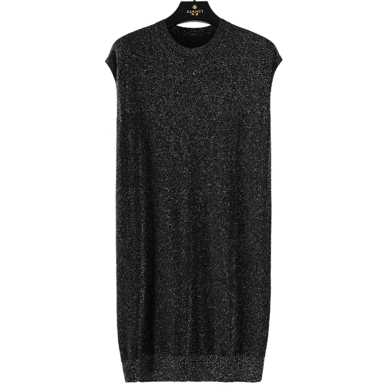 【轻奢-高级】超细高支羊毛+进口银丝星钻圆领针织连衣裙2404081