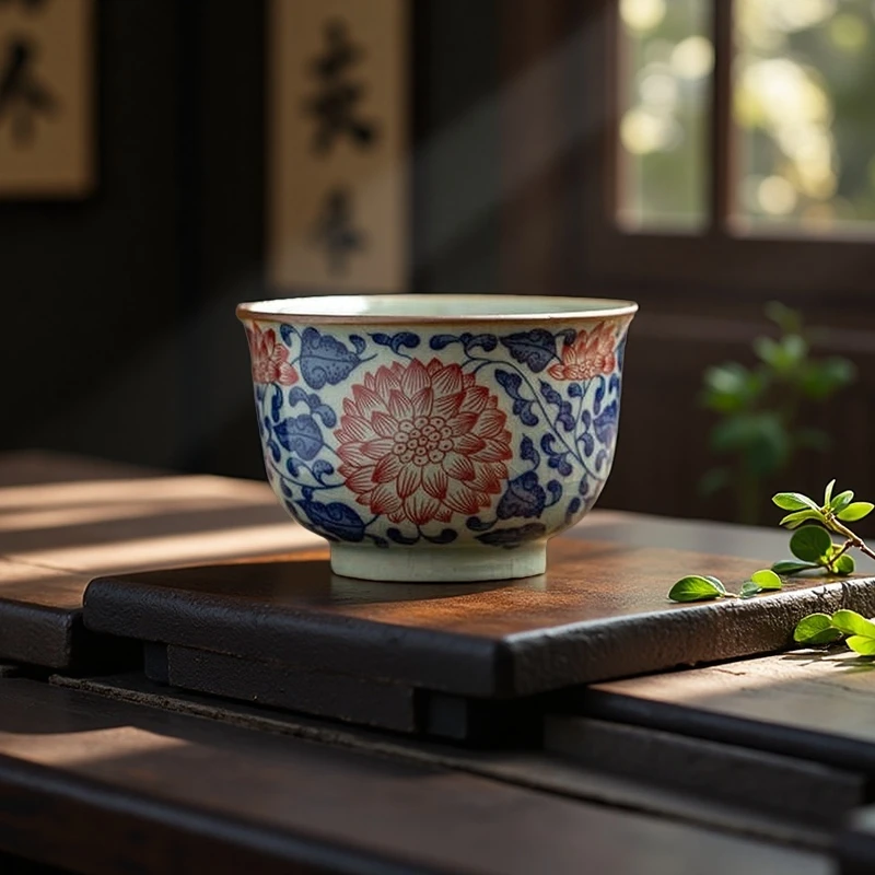 主人杯单杯景德镇高档男女士个人专用茶杯釉里红缠枝莲品茗杯茶盏