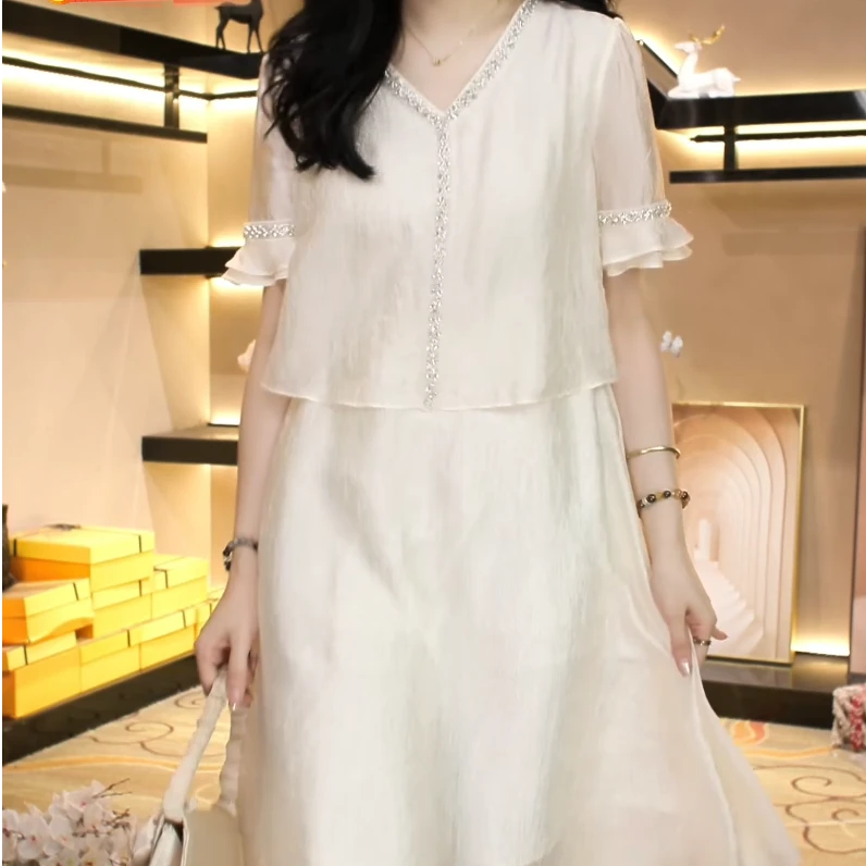 【流光浅夏】大码女装2025夏季新款胖妹妹时尚轻荷叶边袖连衣裙