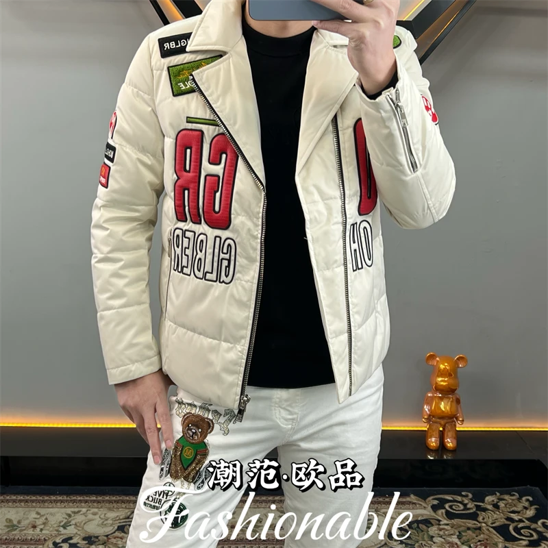 轻奢冬季欧洲站男士羽绒服字母修身时尚休闲90白鸭绒外套9686