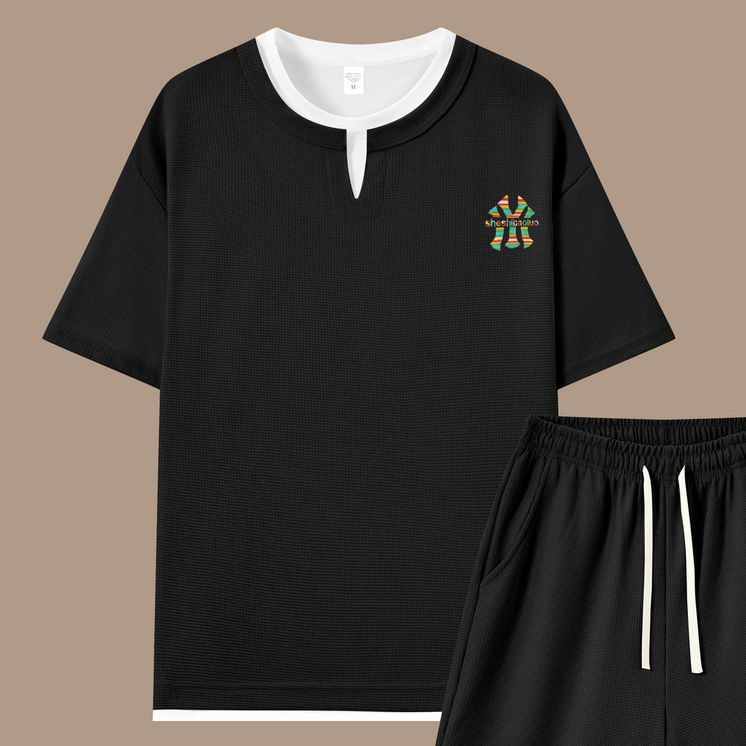 男百搭潮流上衣夏华夫格刺绣季休闲运动短袖567