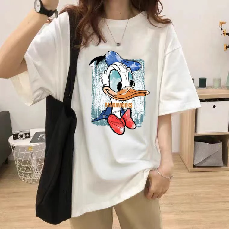 夏季宽松短袖唐老鸭印花纯棉T恤女款潮流上衣