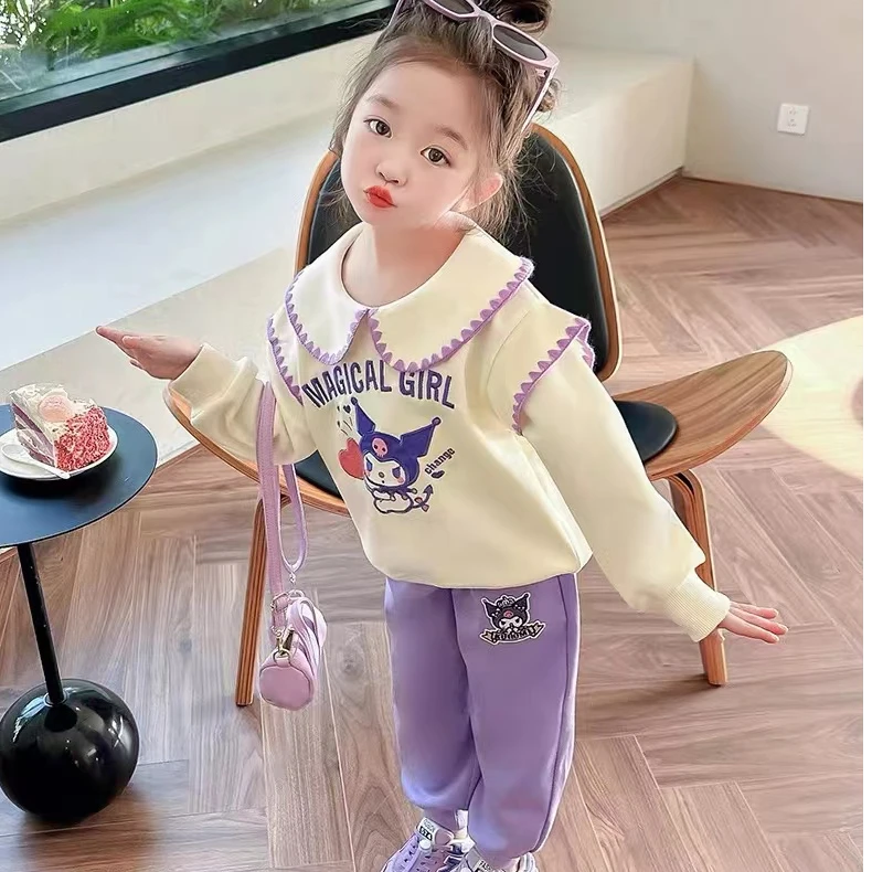 28043女小童库洛米刺绣套装春秋款新款女宝工艺小女孩翻领两件套