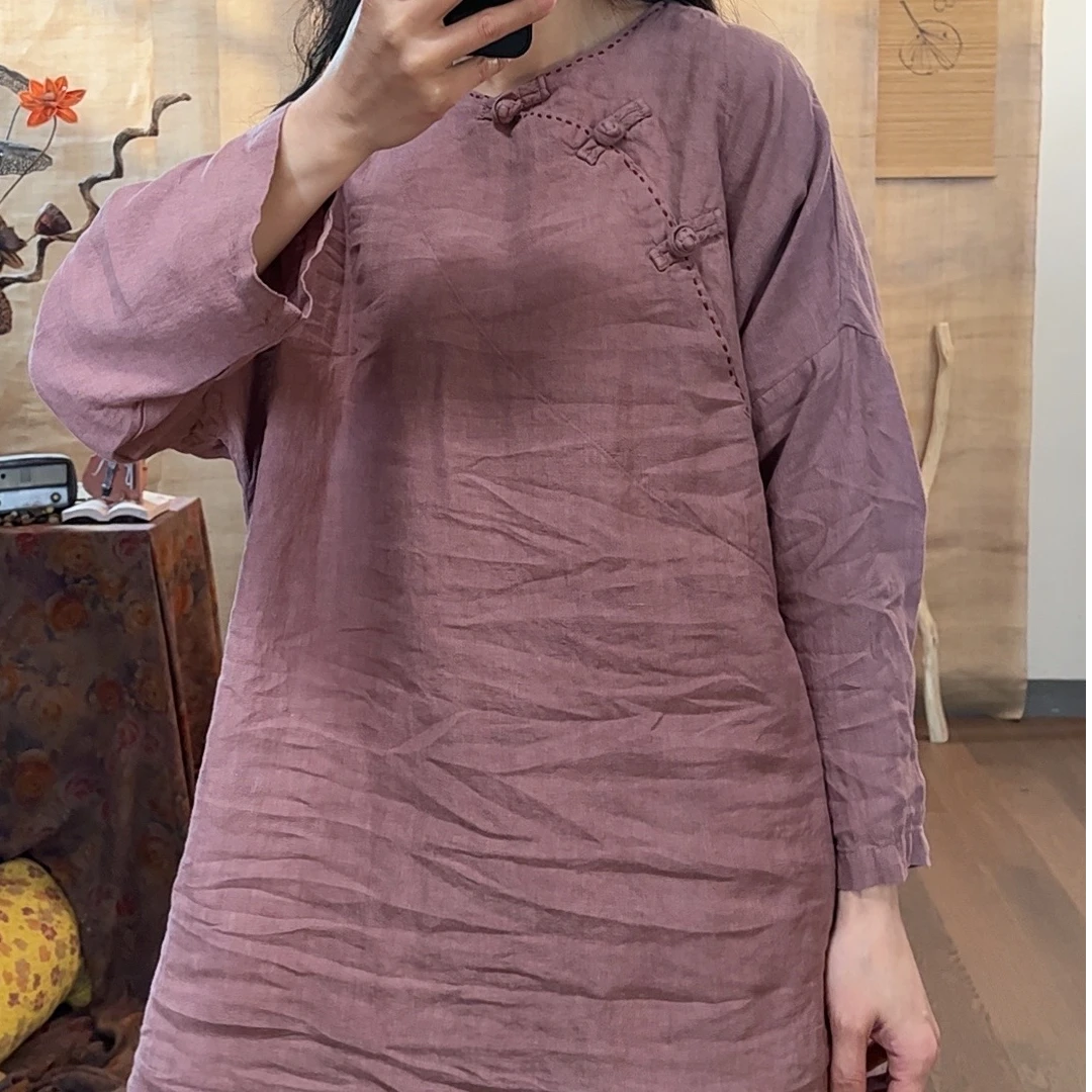 【麻黛儿】圆领斜襟复古做旧春季中长款麻衣（长80胸围136）