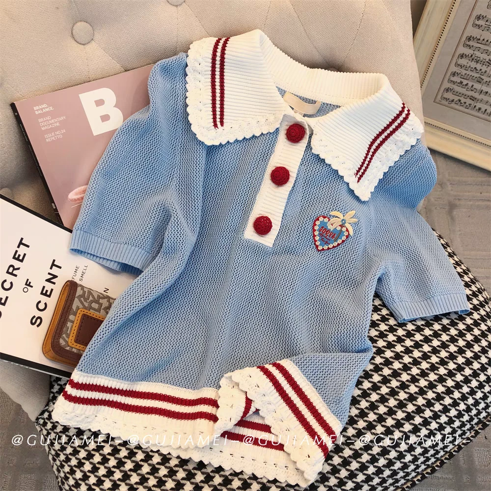 6663韩版薄款学院风大码短袖上衣夏季时髦娃娃领毛针织衫套头款