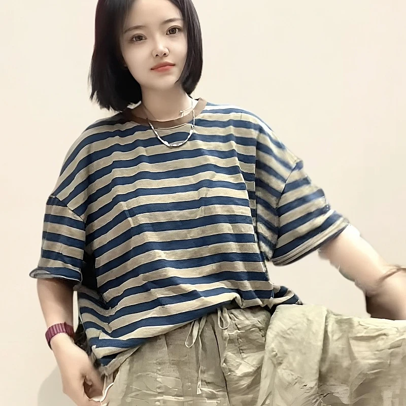 半袖夏季T恤短袖时尚落肩袖日系圆领宽松型复古条纹撞色韩版