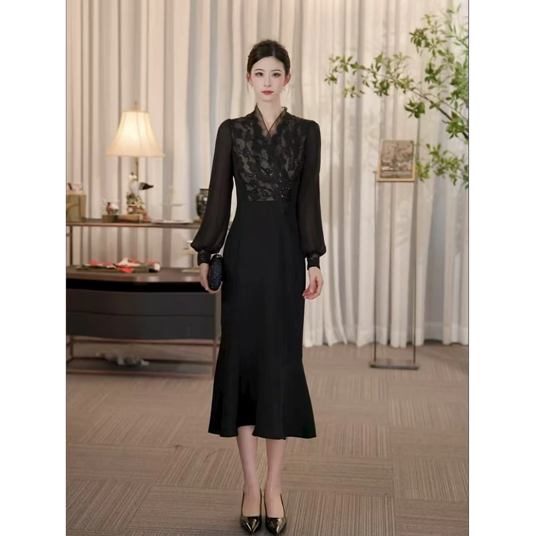 SUSSI古色丨“罗烟”法式蕾丝绚丽黑重工苏绣收腰显瘦鱼尾连衣裙女
