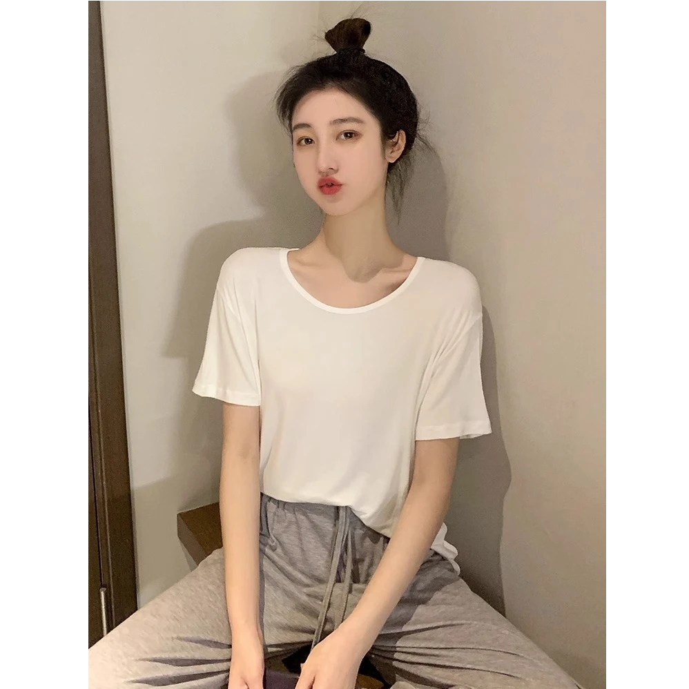 白色圆领人棉短袖面膜t恤女宽松2026夏季新款大码半袖冰丝u领上衣