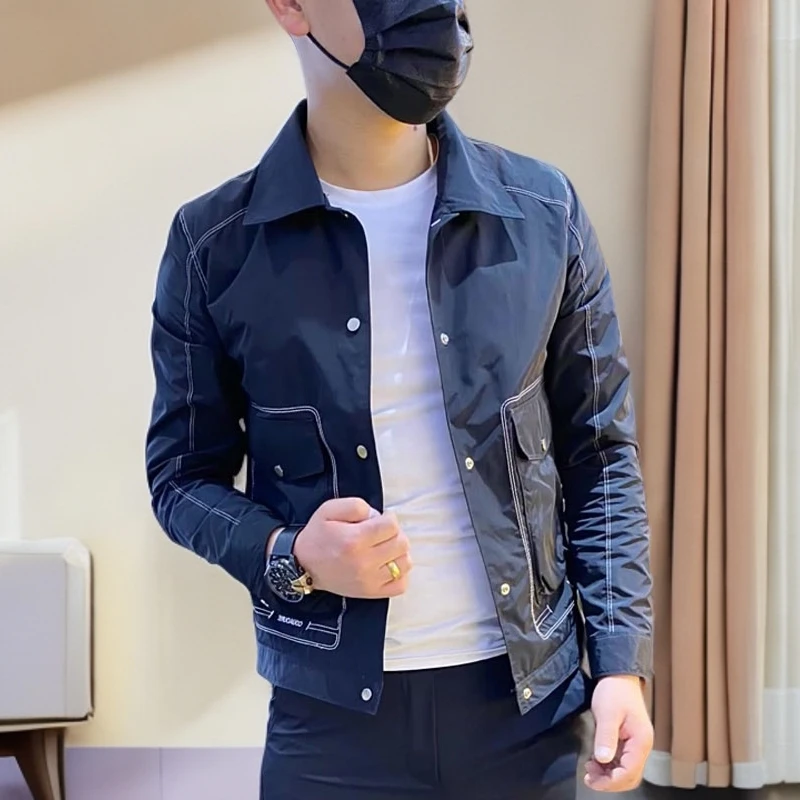 潮流春秋外套休闲翻领黑色男夹克冬季加棉厚款帅气网红修身男外套