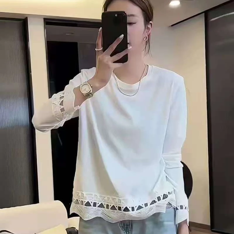 唐蜜家 高级感蕾丝拼接长袖t恤2025春新款打底衫洋气独特别致上衣