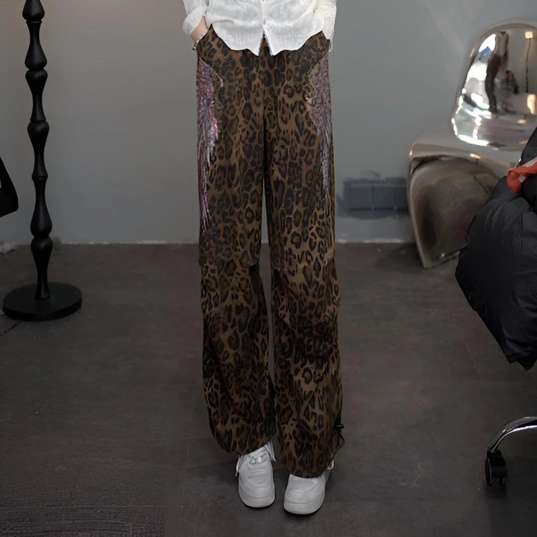 下架款冬慵懒风烫钻时尚淑女豹纹休闲长裤T75D20E1018轻奢tch