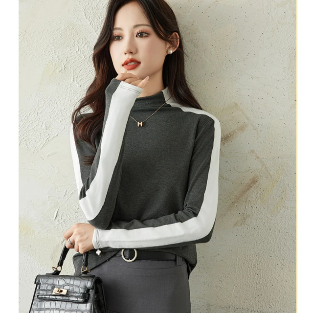 毛针织衫套头长袖拼接纯色时尚毛衫保暖气质修身百搭