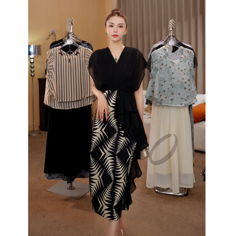 G6805高级感气质连衣裙女2024年夏季新款时尚百搭中长款拼接裙子