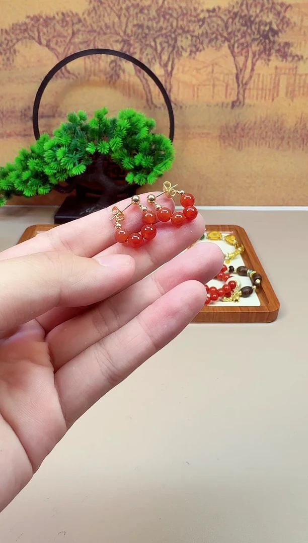 南红玛瑙14K金镶嵌耳饰E21