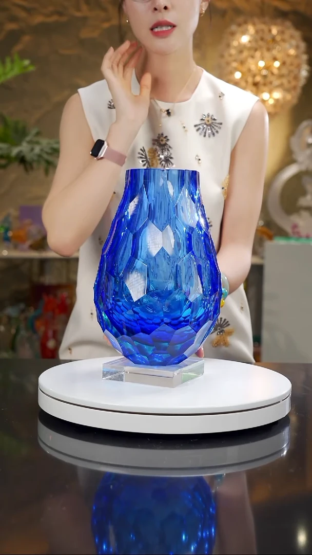 琉璃手工艺品虎*宝石蓝凹面花瓶微瑕磕碰