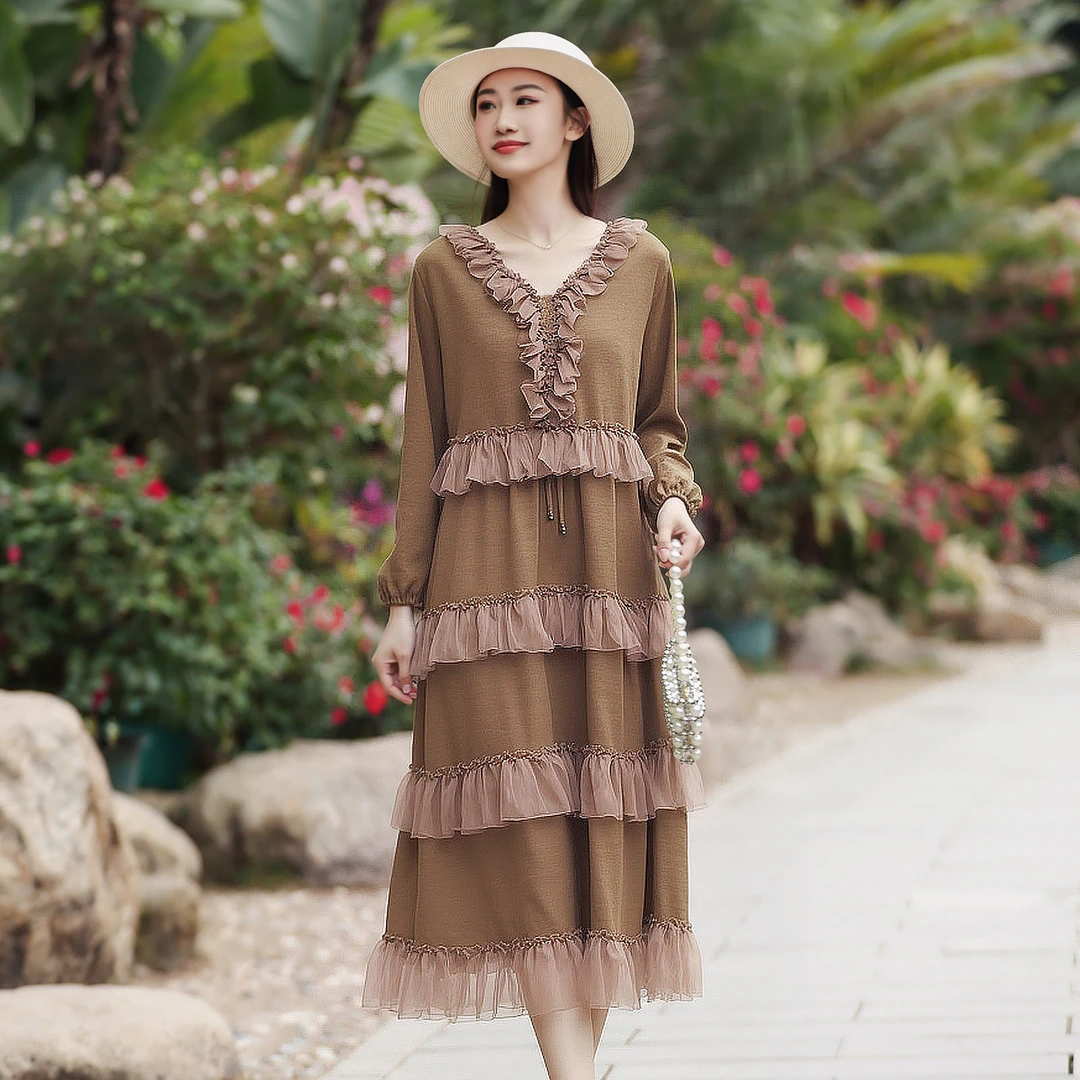 拜占庭的森林毛织拼桑蚕丝连衣裙女优雅印花显瘦百搭气质休闲长款