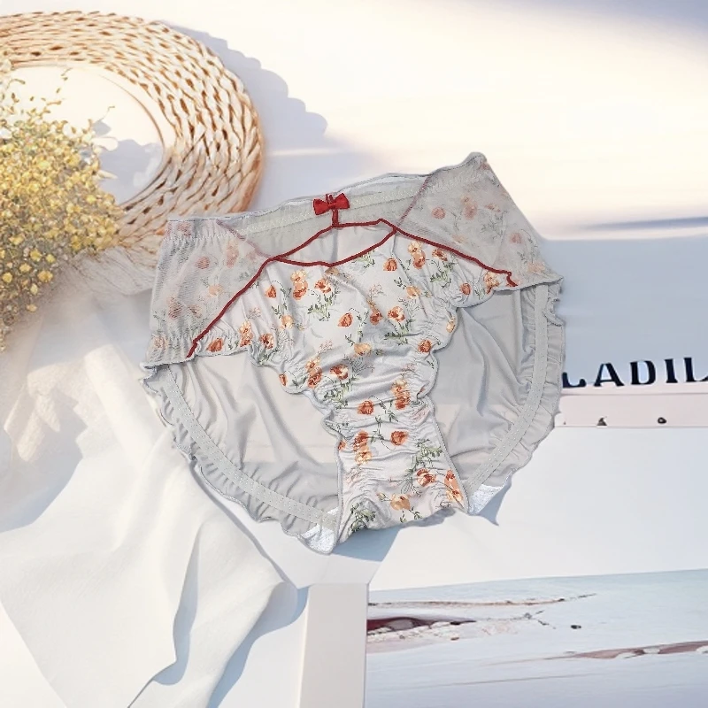 国风小清新碎花内裤女甜美温柔蕾丝网纱棉裆三角裤大码高腰内裤女