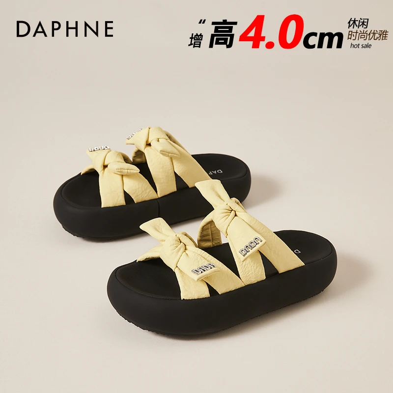 达芙妮新款蝴蝶结厚底面包凉拖鞋女外穿踩屎感软底休闲沙滩一字拖