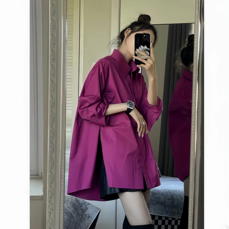 慵懒风设计感宽松长袖衬衫+黑色皮短裤小众早秋休闲两件套装女