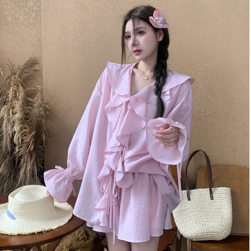 胖MM法式荷叶边衬衫高腰短裤两件套女2025春夏新款小个子休闲套装