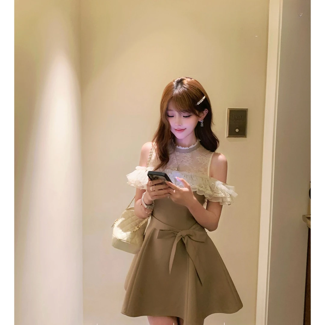 【小美】大码女装千金重工网纱杏色蕾丝拼接一字肩连衣裙短裙12142