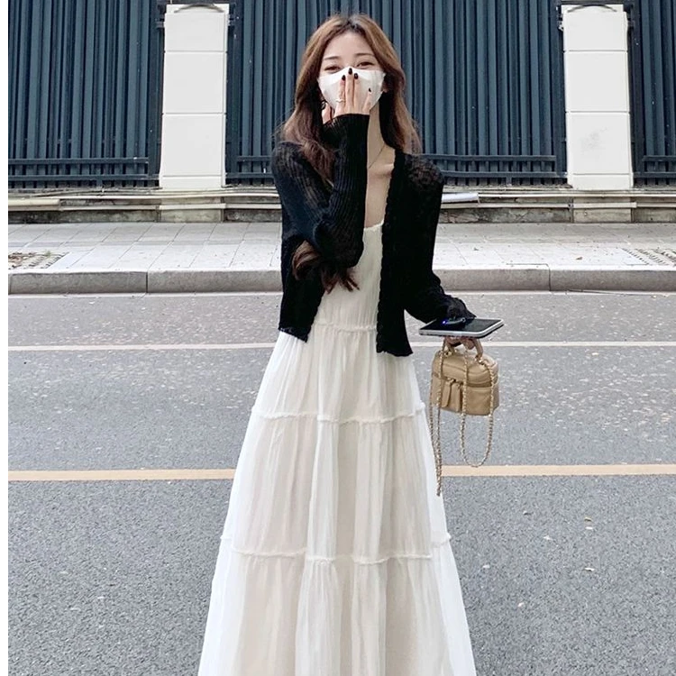 秋季2024新款温柔风收腰显瘦设计感气质连衣裙黑色针织开衫女套装