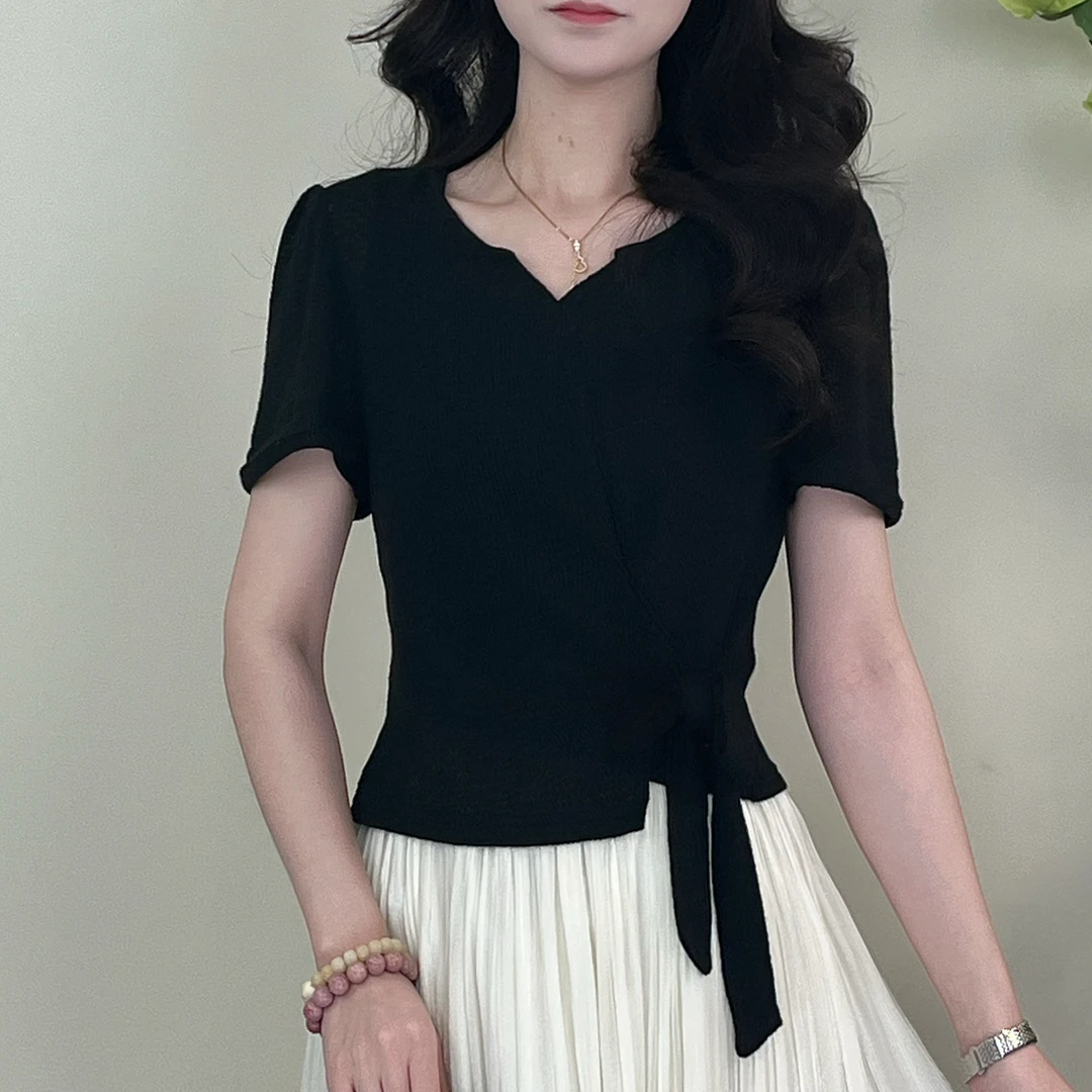 蔡小姐拼接亲肤女T恤女新款2025年夏季蝴蝶显瘦气质短款法式百搭