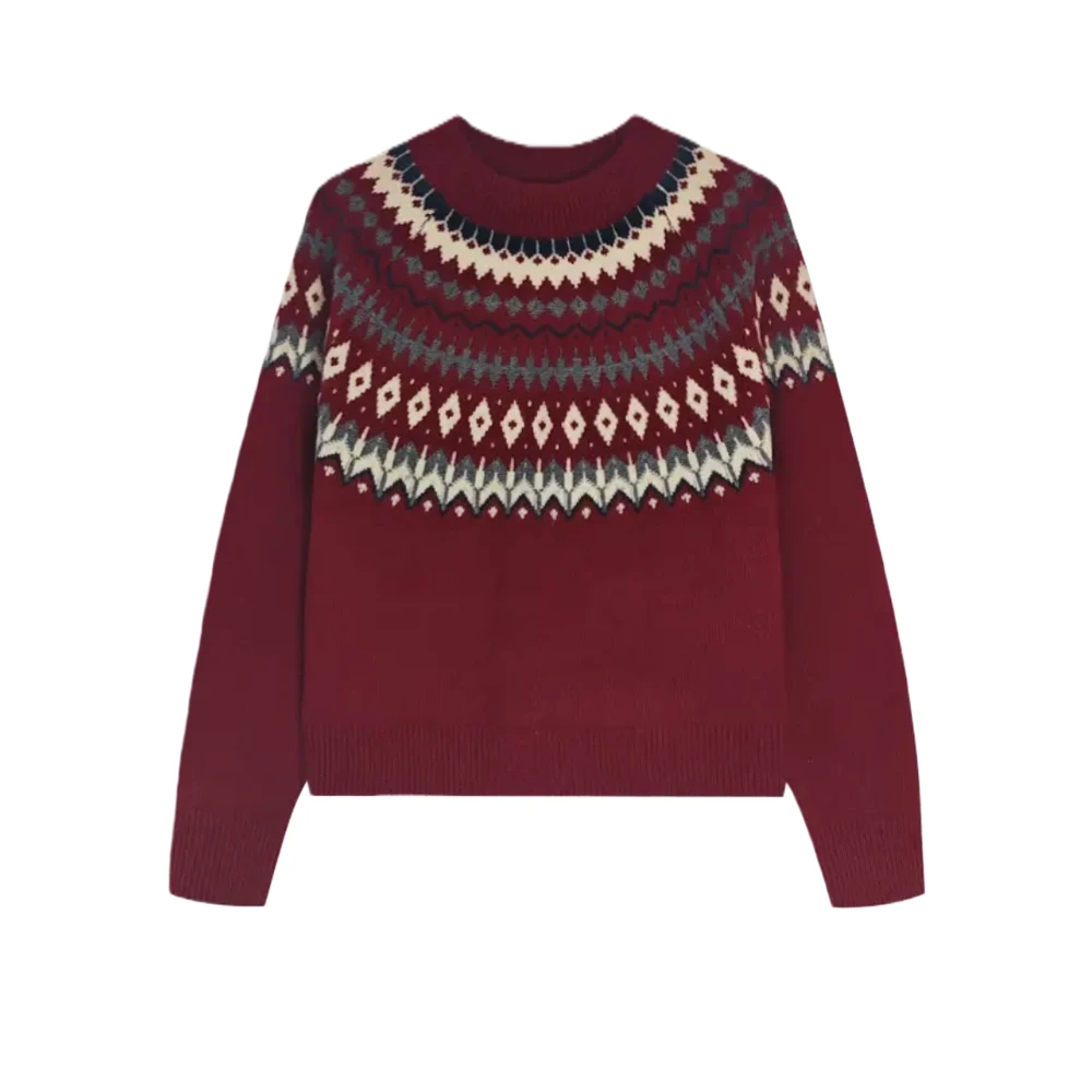 秋冬季休闲百搭费尔岛圆领毛衣针织衫长袖女装提花毛衣W1225