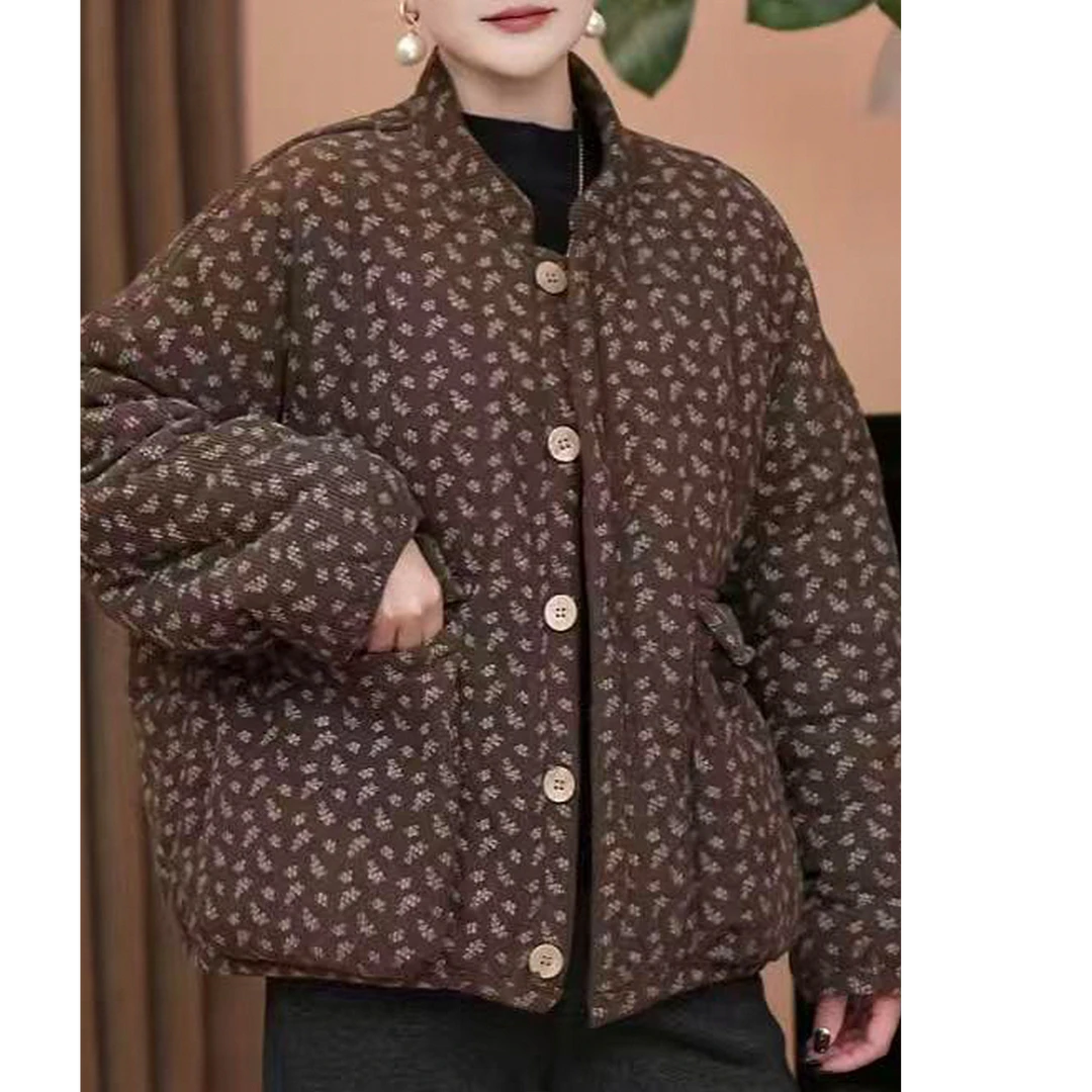 百搭碎花大口袋加绒加厚短外套G中年女装冬款气质休闲保暖棉袄