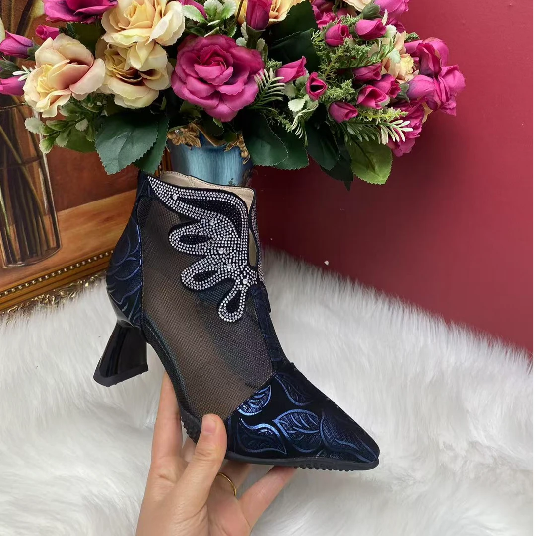 羊皮时装靴蓝色凉靴粗跟女靴女鞋网靴百搭夏季透气时尚单鞋高跟鞋