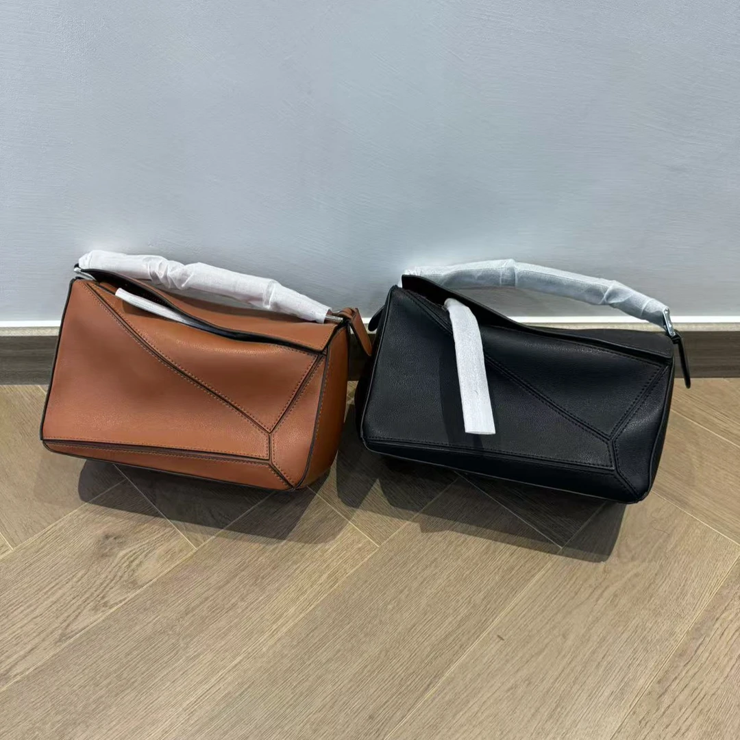 几何包拼接包牛皮平纹皮手提包斜挎包女包女士时尚百搭款复古