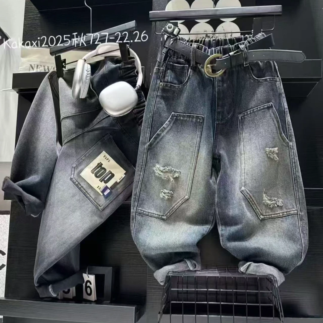 秋上新~2025新款中大童做旧破洞休闲宽时尚牛仔裤百搭00307