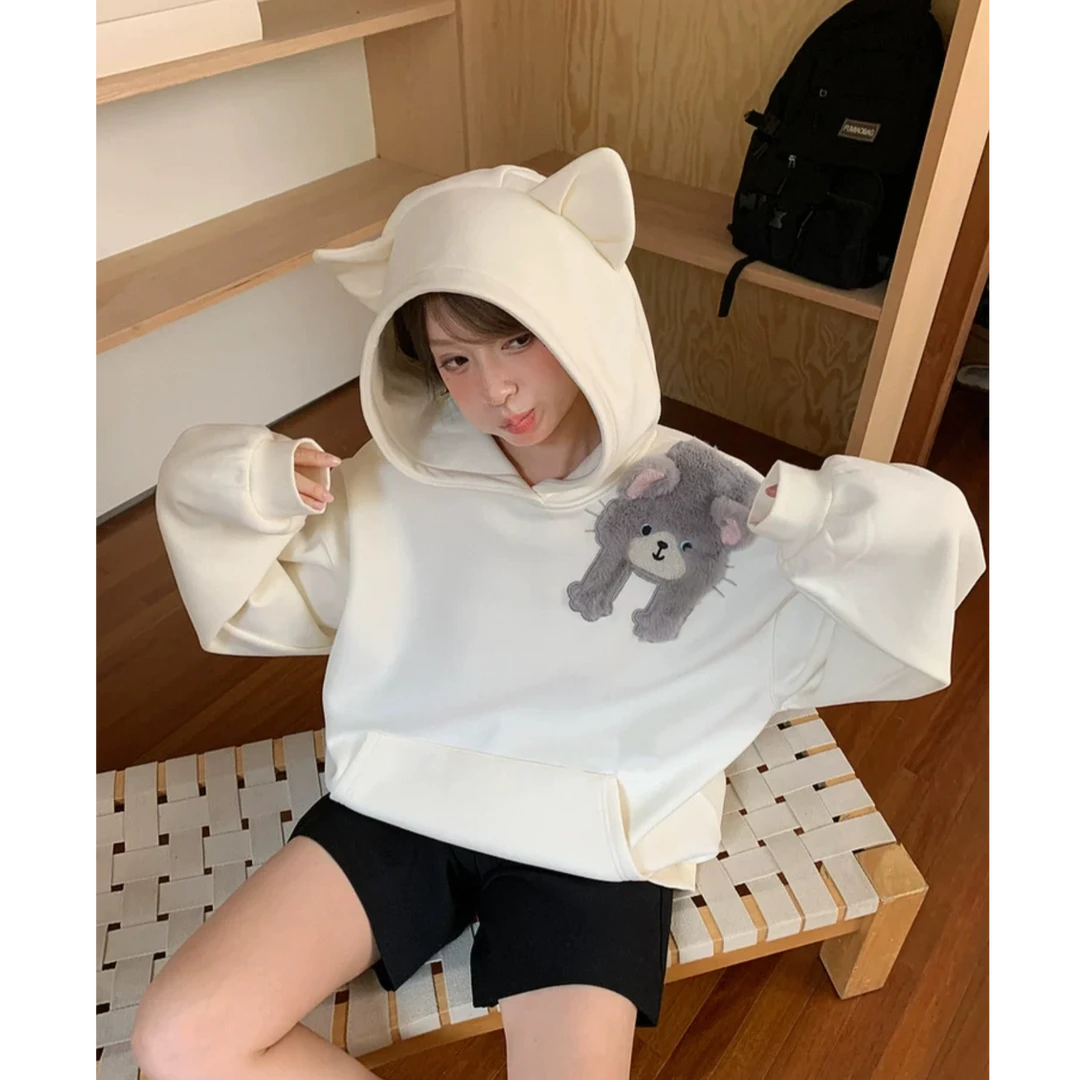 番茄酱酱tomorrow 可爱立耳设计感连帽卫衣新款秋宽松上衣