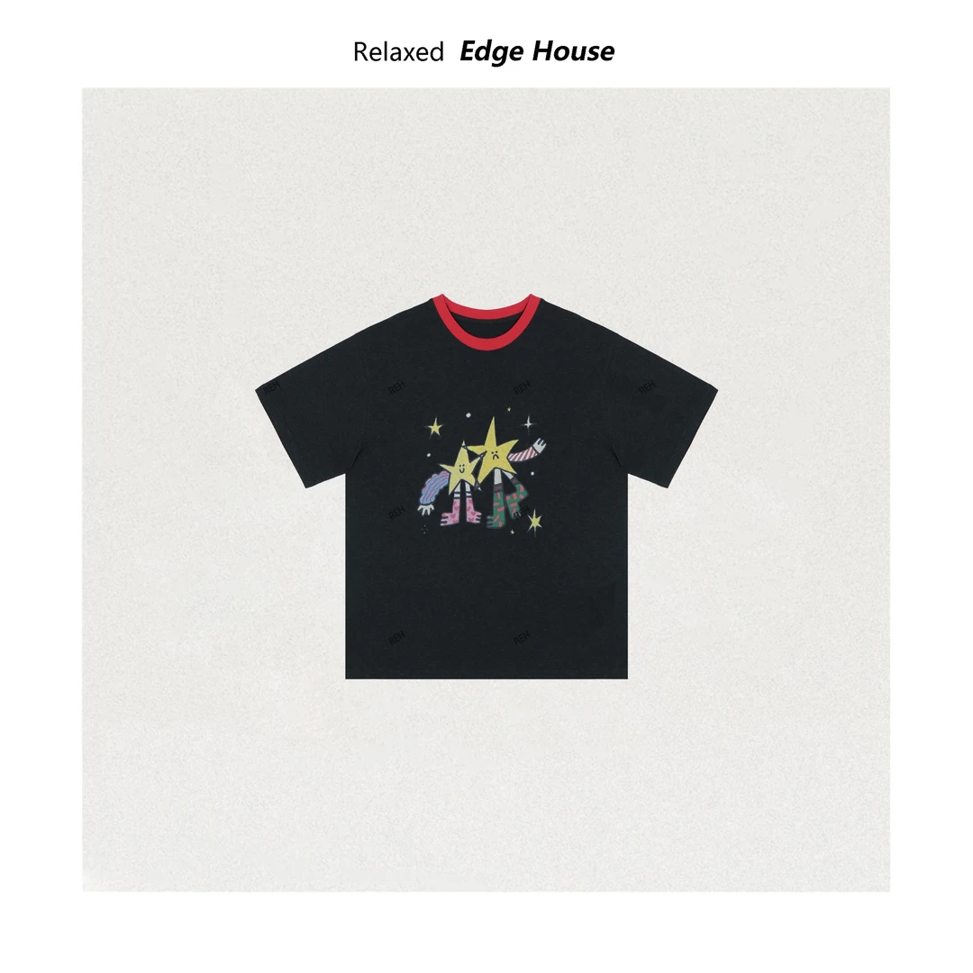 【嘻嘻家】一闪一闪亮晶晶 夏季新款女士撞色领口设计纯棉短袖T恤