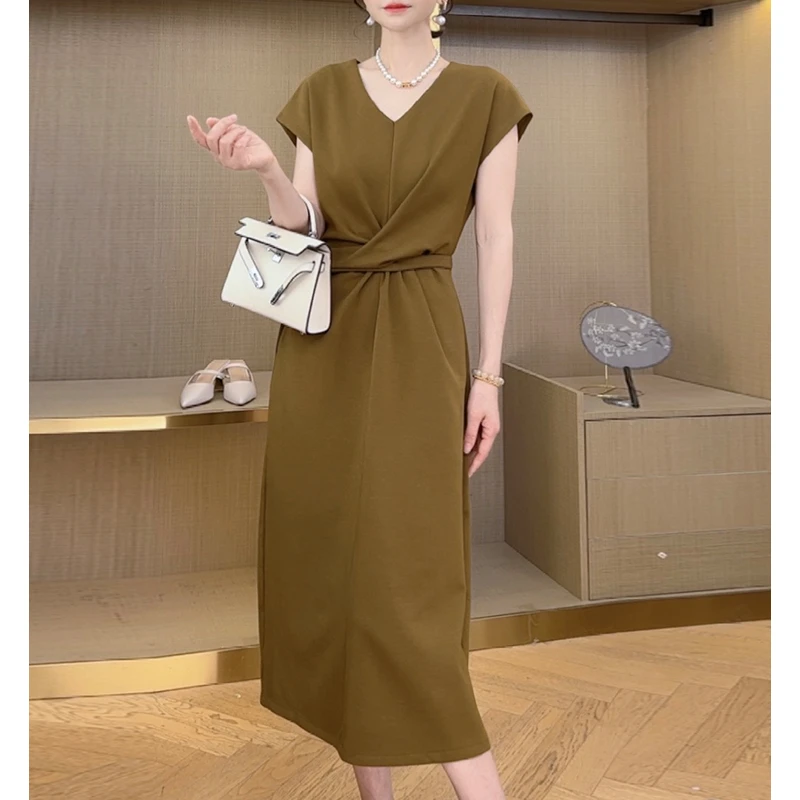 2025年短袖夏季女装高级感气质黑色裙时尚系带收显瘦赫本风连衣裙