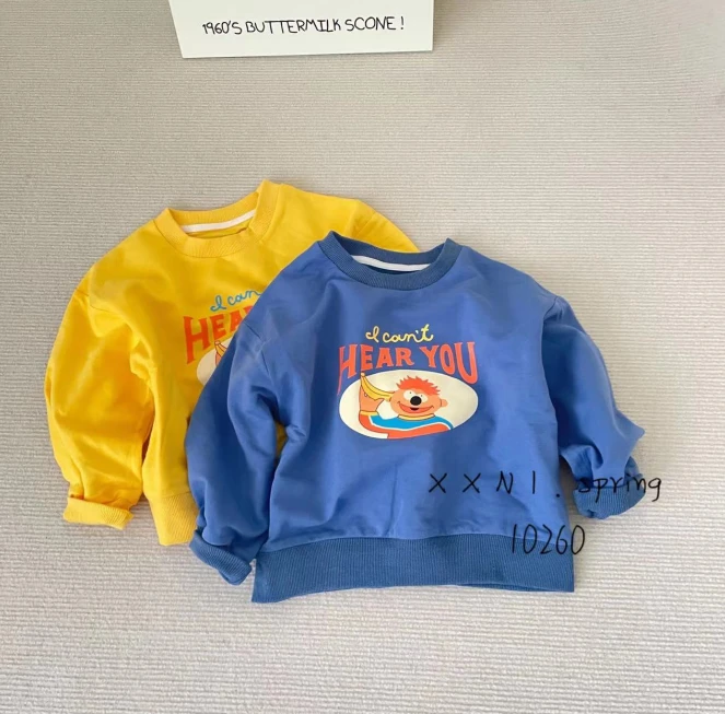 小熊妮 儿童卫衣秋装春秋男女童可爱小人印花时髦休闲10260蓝色