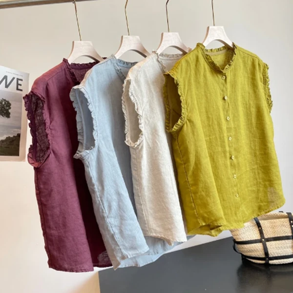 2025夏季无袖衬衫透气凉爽复古木耳领上衣女装