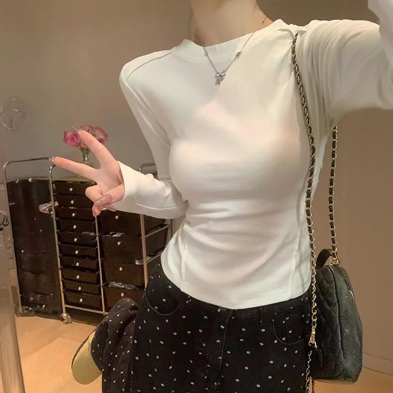 德绒修身正肩鱼骨T恤女装冬季长袖打底衫女款爆款2025新款秋冬