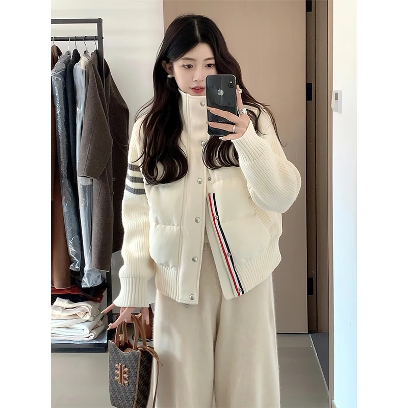 假两件针织条纹拼接袖棉服外套女冬季韩版设计感小众短款学生棉袄