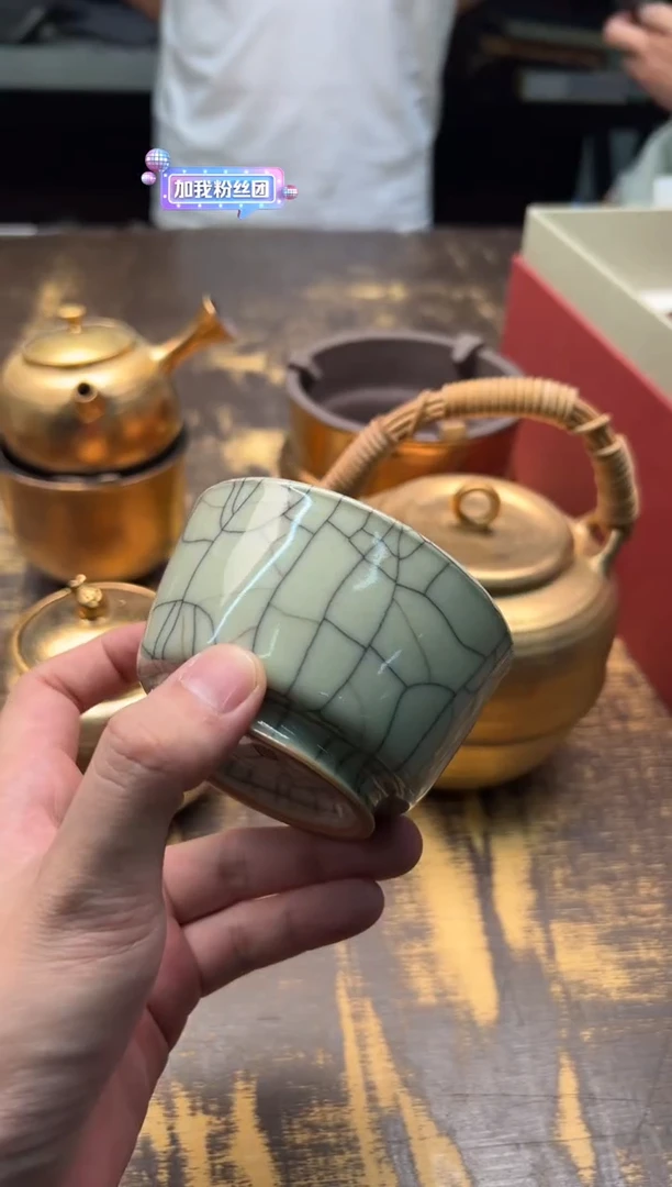 舊*（预售）廖建军 米黄金丝铁线宽口杯