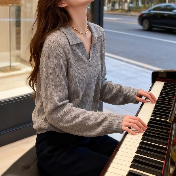 灰色Polo长袖针织衫女2025秋季新款大码胖MM宽松显瘦洋气减龄上衣