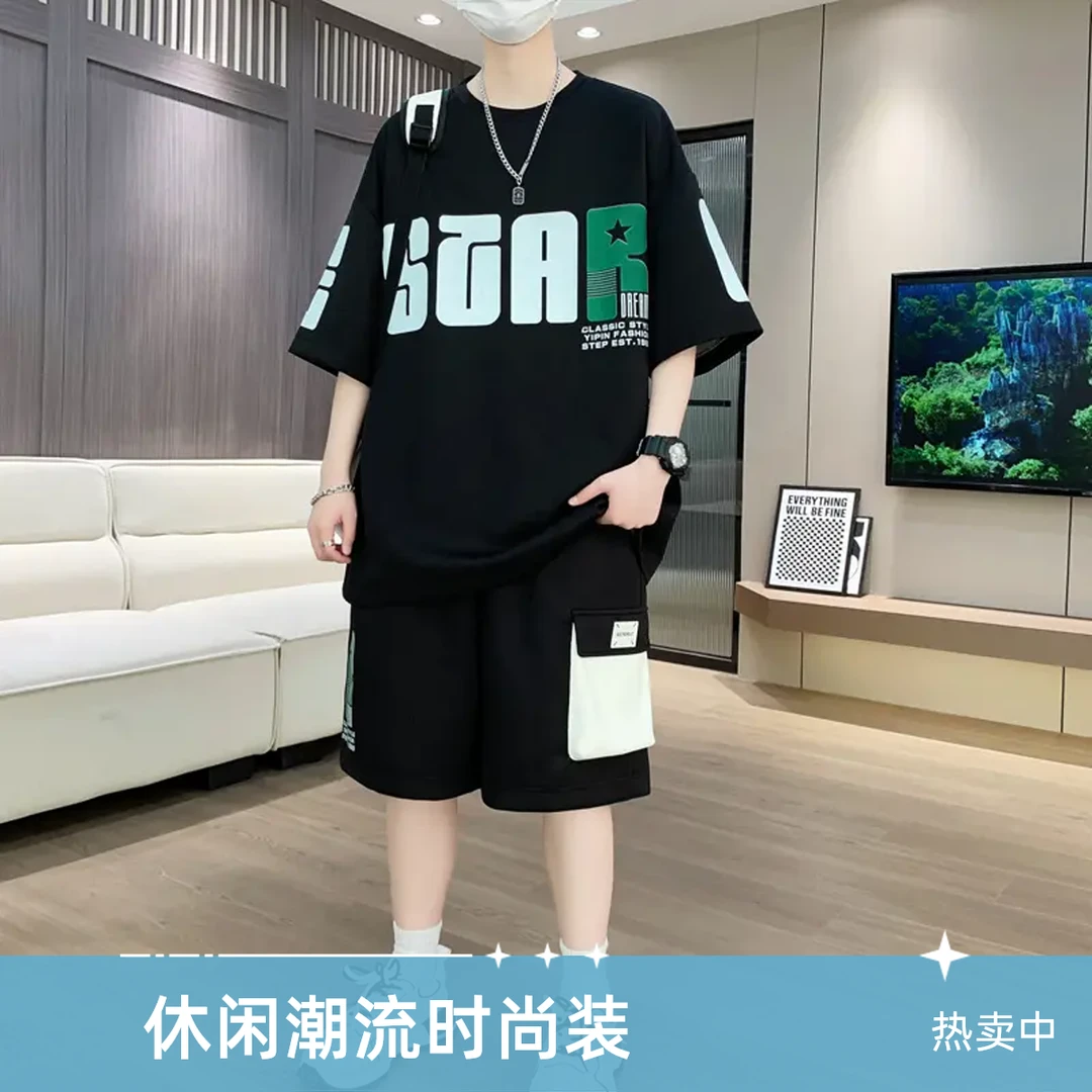 夏季男士套装新款时尚青少年圆领短袖短裤套装男款爆款学生套装男