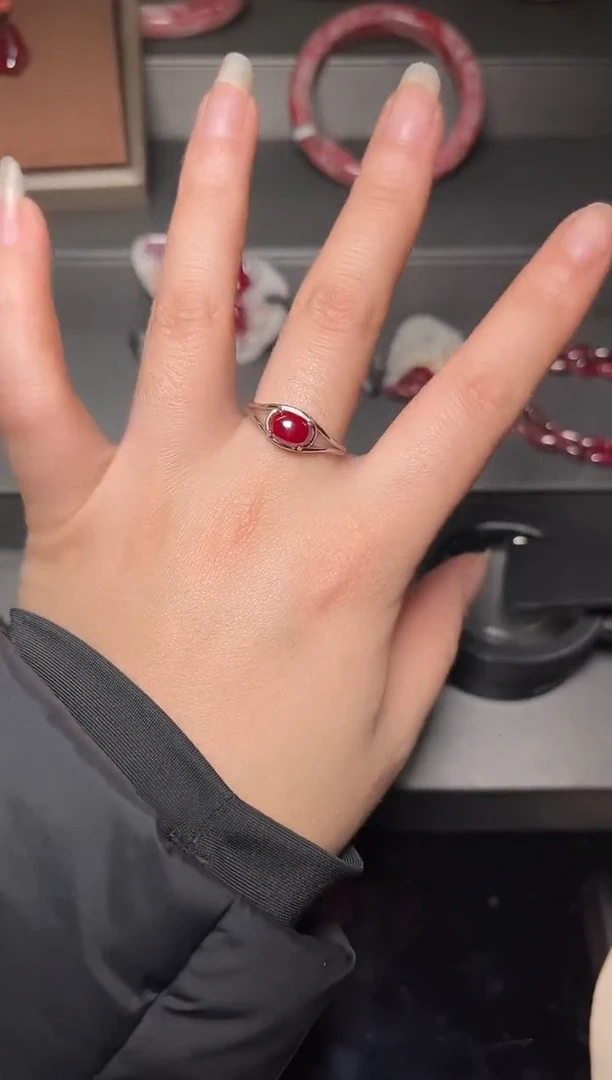 天然辰砂朱砂镶嵌S925银晶体女戒指120911