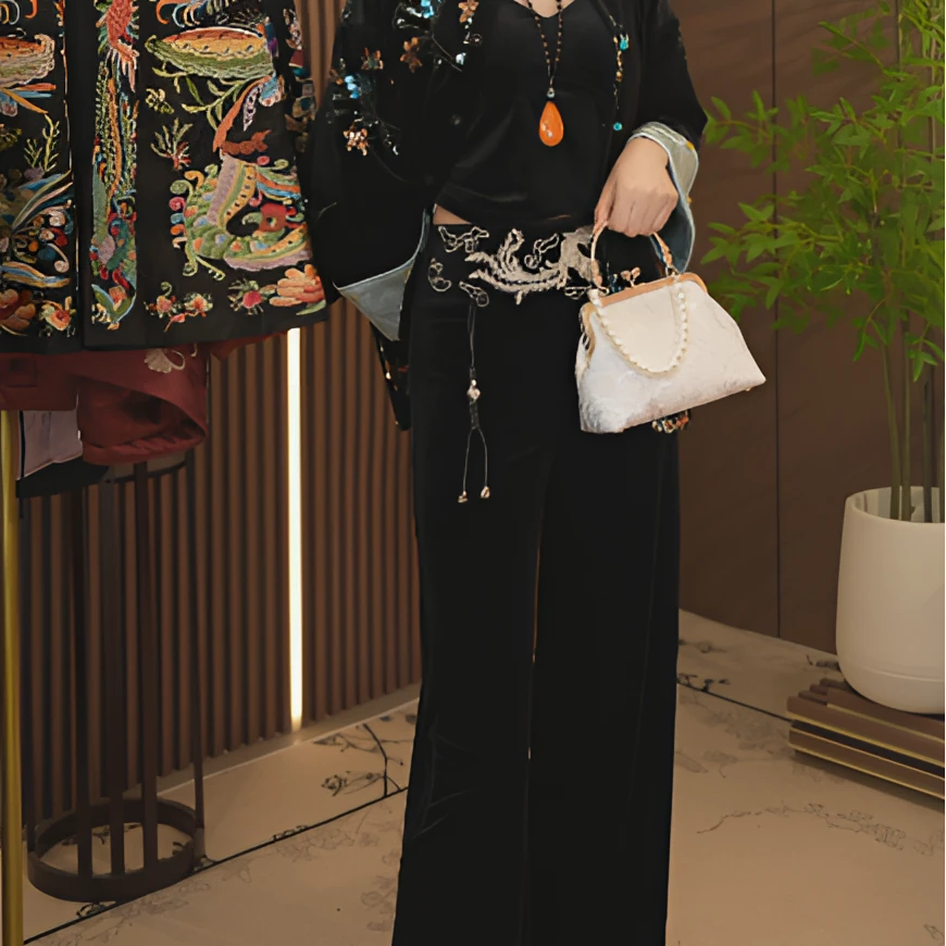 【云中凤】新中式国风刺绣丝绒裤子2024B1201—林林