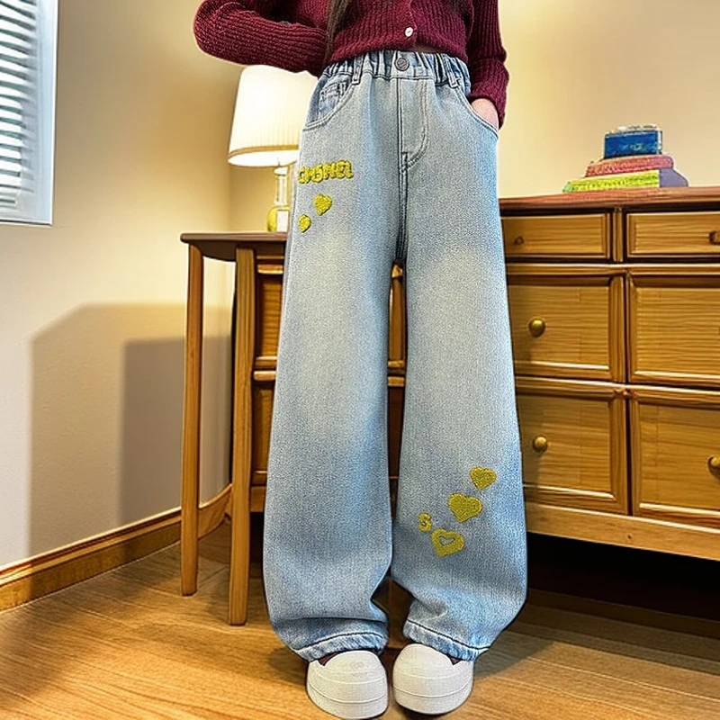 【爱心款】高品质2025牛仔裤百搭春中大女童洋气时尚宽松筒阔腿裤