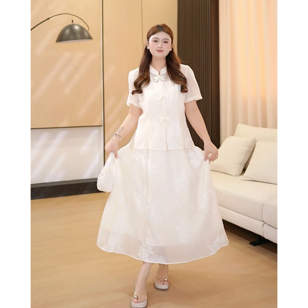 笑笑微胖定制~国风短袖舒适气质收腰显瘦上衣+裙子三件套MQ023