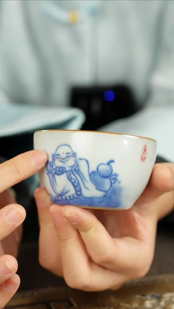 善窑厂汝窑青花手绘弥勒半盈杯